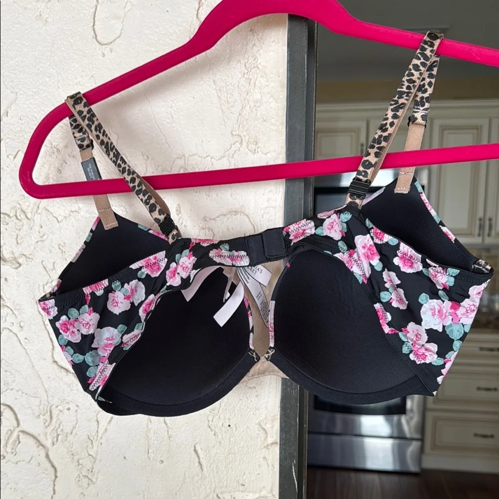 Victoria's Secret Black and Pink Floral Bra with Rhinestone Straps - Picture 3 of 6